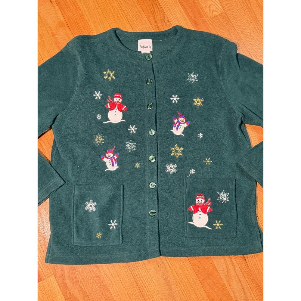 Bonworth Womens Large Green Fleece Snowman Embroidered Button Cardigan 35431 - Picture 2 of 8